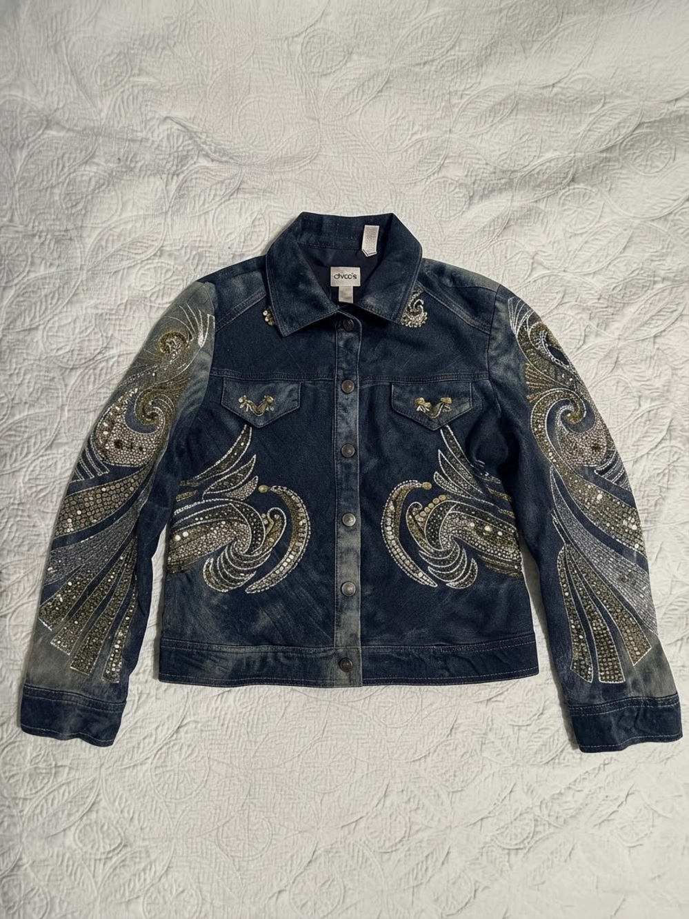 Chico embellished sequin denim jacket size 1 boho blue